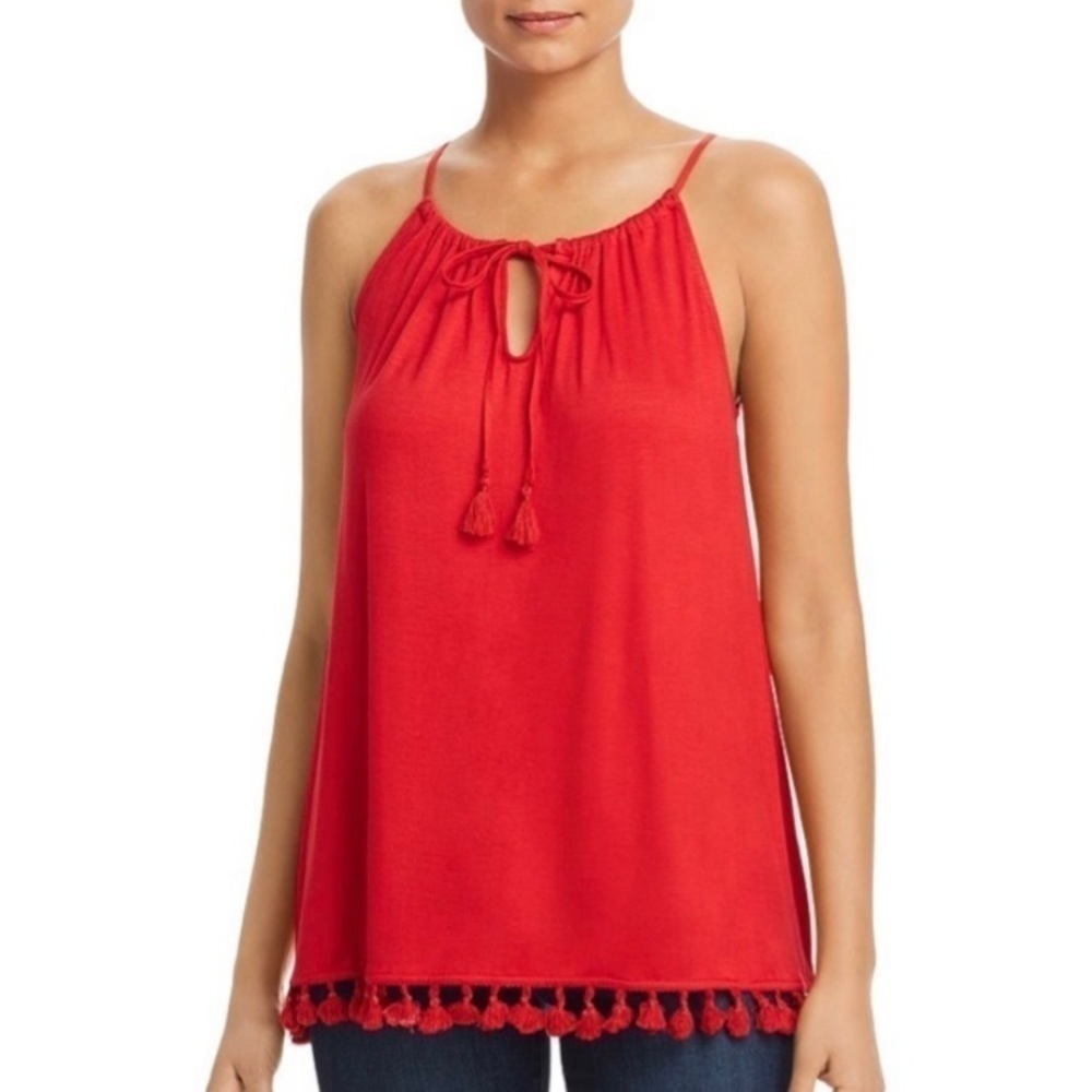 Tommy Bahama Blitz Red Tassel Trim Tank Top Round Neck Keyhole Sz M